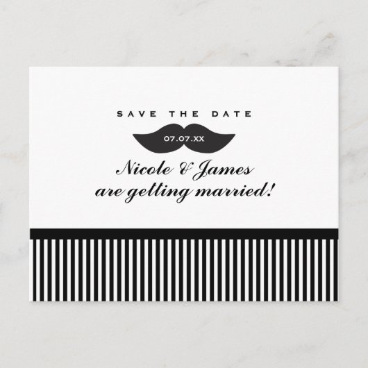 Mustache Black & White Save the Date Postcard Ankündigungspostkarte (Vorderseite)