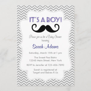 Mustache Boy Baby Dusche Einladung Grau Zickzack