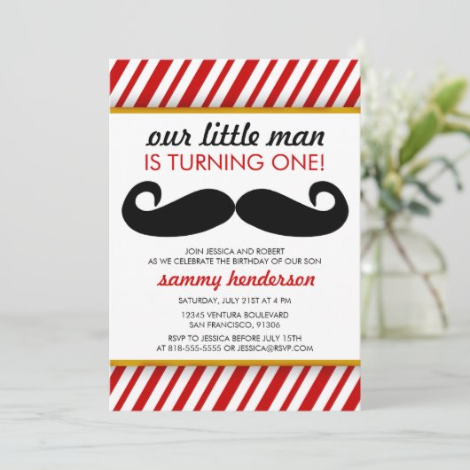 Mustache Boy Birthday Einladung (Stehend Vorderseite)