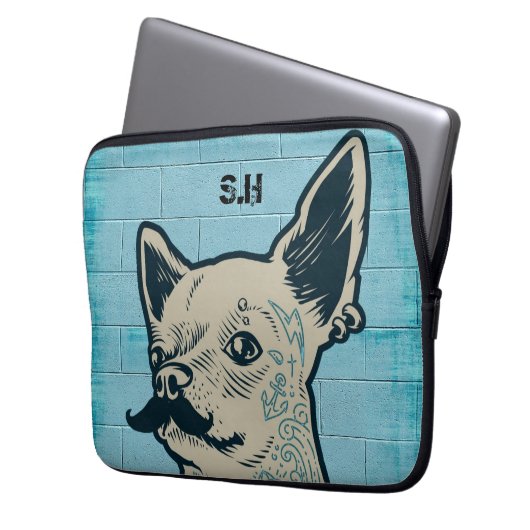 Mustache Chihuahua Graffiti Monogram Laptopschutzhülle (Vorderseite Links)