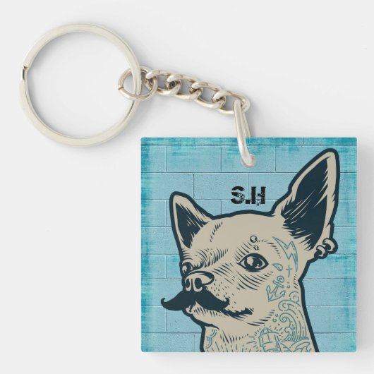 Mustache Chihuahua Graffiti Monogram Schlüsselanhänger (Vorderseite)