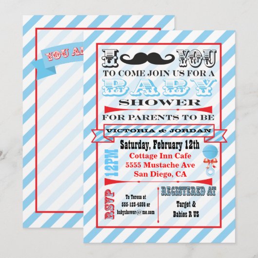 Mustache Couples Kinderdusche Einladungen (Vorne/Hinten)