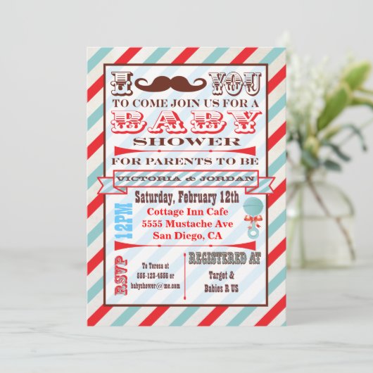 Mustache Couples Kinderdusche Einladungen (Stehend Vorderseite)