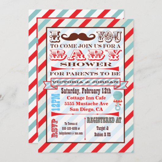 Mustache Couples Kinderdusche Einladungen (Vorne/Hinten)