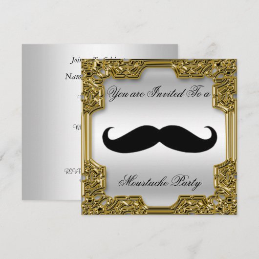 Mustache Geburtstagsparty Einladung Silver (Vorne/Hinten)