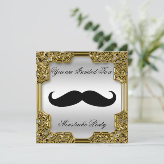 Mustache Geburtstagsparty Einladung Silver (Stehend Vorderseite)