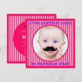 Mustache Girl Pink Stripe Birthday Invitation Einladung (Vorne/Hinten)