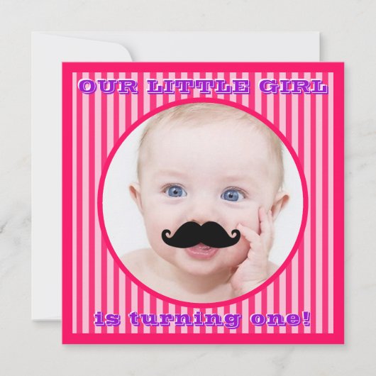 Mustache Girl Pink Stripe Birthday Invitation Einladung (Vorderseite)