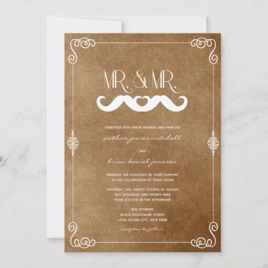Mustache Liebe & Mr. Vintag Paper Gay Wedding Einladung (Vorderseite)