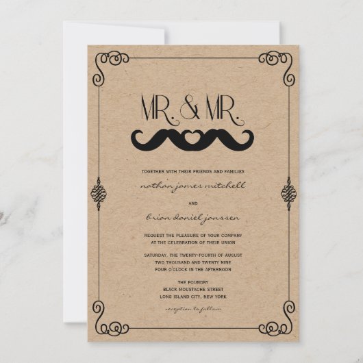 Mustache Liebe Vintage Kraft Paper Gay Wedding Einladung (Vorderseite)