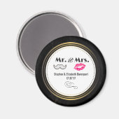 Mustache & Lips Mr. & Mrs. Black & Gold Wedding Magnet (Vorderseite/Rückseite)