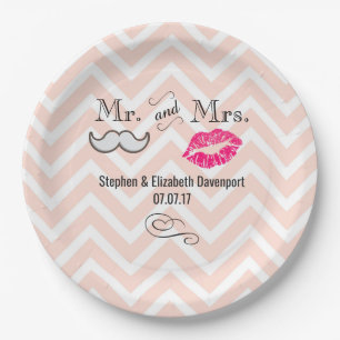 Mustache & Lips Mr. & Mrs Peach Zickzack Wedding Pappteller