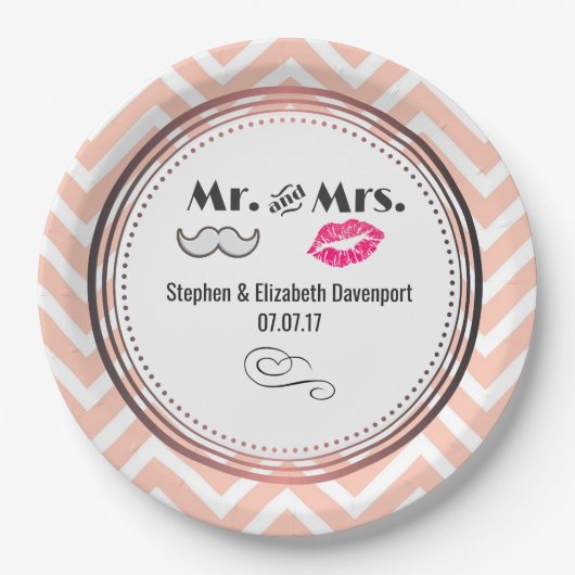 Mustache & Lips Mr. & Mrs Peach Zickzack Wedding Pappteller (Vorderseite)