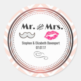 Mustache & Lips Mr. & Mrs Peach Zickzack Wedding Runder Aufkleber