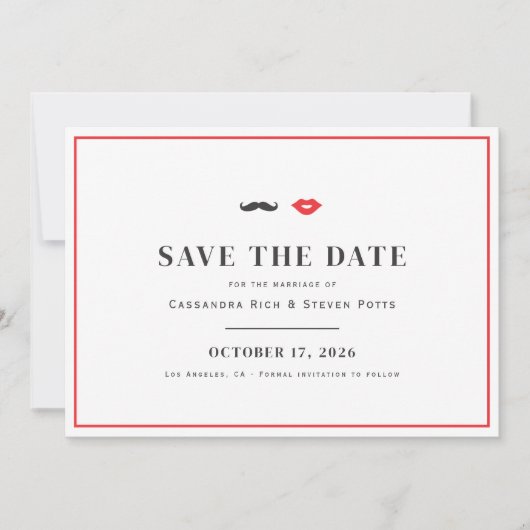 Mustache & Lips Quirky Wedding Save the Date (Vorderseite)