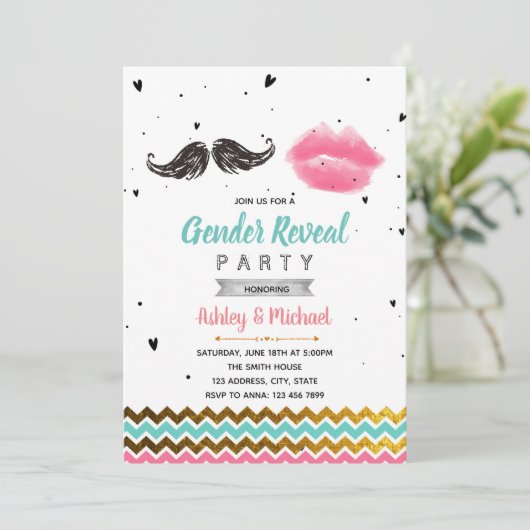 Mustache oder Lippengeschlecht zeigen Party Einlad Einladung (Stehend Vorderseite)