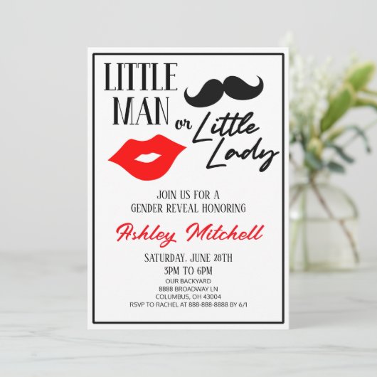 Mustache oder Lipstick Lady oder Man Gender Reveal Einladung (Stehend Vorderseite)