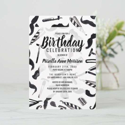 Mustache Razor Shaver Wasserfarbenmuster Einladung (Stehend Vorderseite)