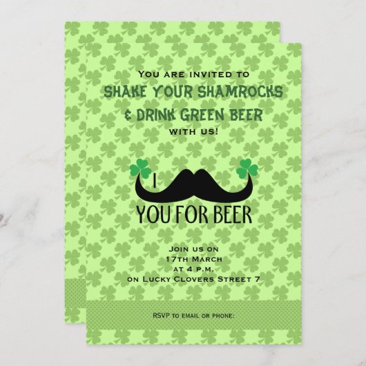 Mustache Sie Bier St Patrick Day Clovers laden Einladung (Vorne/Hinten)