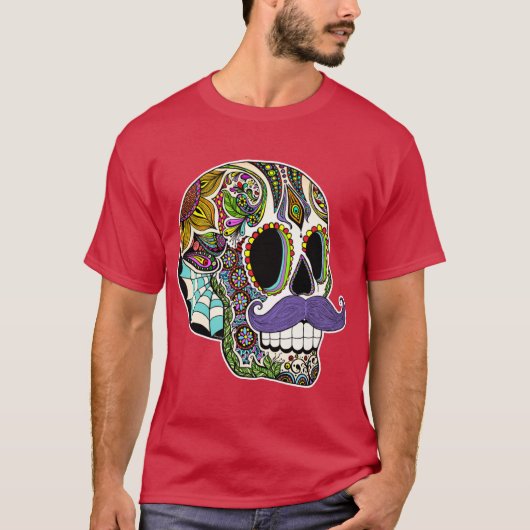 Mustache Sugar Skull Color Version T-Shirt (Vorderseite)