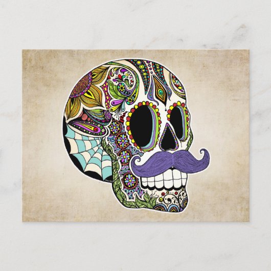 Mustache Sugar Skull Farbe Postkarte (Vorderseite)