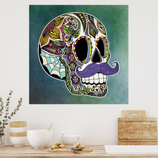 Mustache Sugar Skull Poster - Texturierter Hinterg (Küche)
