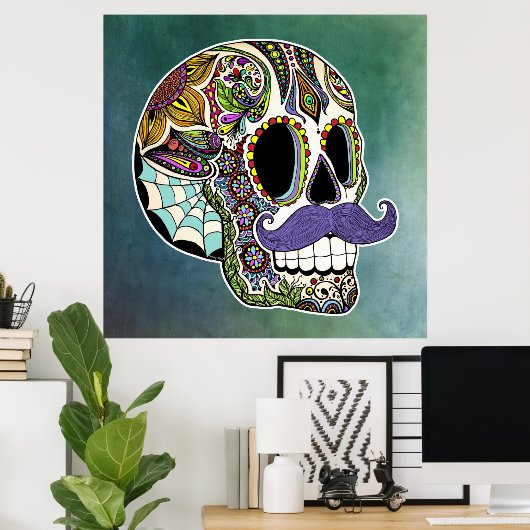Mustache Sugar Skull Poster - Texturierter Hinterg (Heimbüro)