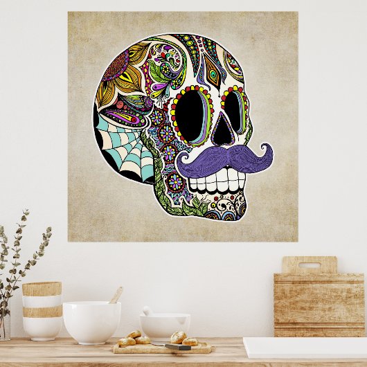 Mustache Sugar Skull Poster - Vintager Stil (Küche)