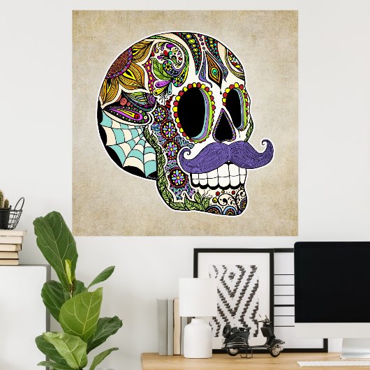 Mustache Sugar Skull Poster - Vintager Stil (Heimbüro)