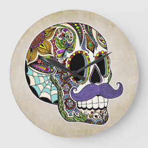 Mustache Sugar Skull Wall Clock Große Wanduhr