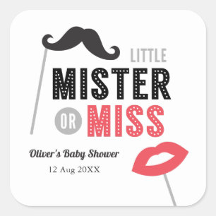 Mustache und Lippen, Mister oder Miss Babydusche Quadratischer Aufkleber