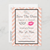Mustache und Lippen Peach Zickzack Save the Date Ankündigungspostkarte (Vorne/Hinten)