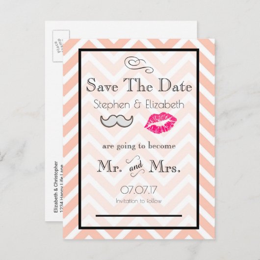 Mustache und Lippen Peach Zickzack Save the Date Ankündigungspostkarte (Vorne/Hinten)