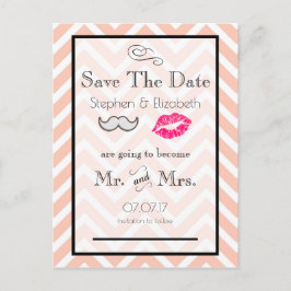 Mustache und Lippen Peach Zickzack Save the Date Ankündigungspostkarte