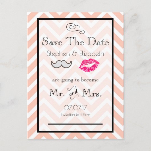 Mustache und Lippen Peach Zickzack Save the Date Ankündigungspostkarte (Vorderseite)
