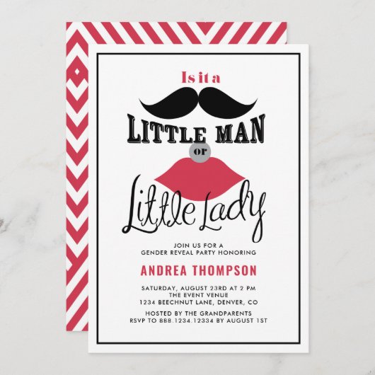 Mustache und Lippen Retro Gender Reveal Baby Dusch Einladung (Vorne/Hinten)