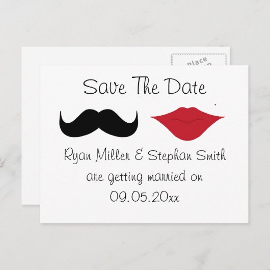 Mustache und Lippen Save the Date Postkarte (Vorne/Hinten)