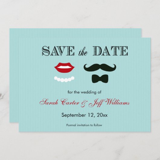 Mustache und Lips Aqua Strip Speichern Sie die Dat Save The Date (Vorne/Hinten)