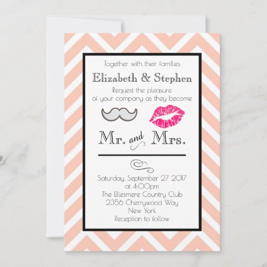 Mustache und Lips Hochzeit Einladung auf Peach Zic (Vorderseite)