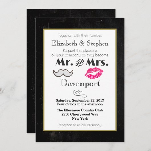 Mustache und Lips Hochzeit Einladung auf Schwarz (Vorne/Hinten)