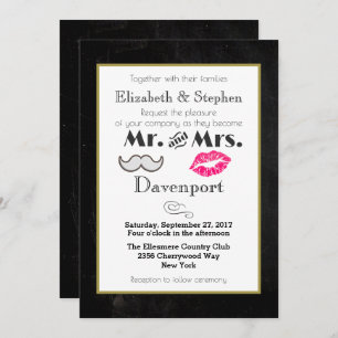 Mustache und Lips Hochzeit Einladung auf Schwarz