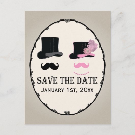 Mustache und Top-Hat-Save the Date-Karte Ankündigungspostkarte (Vorderseite)