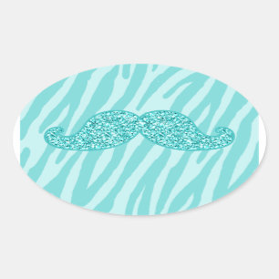 MUSTACHE ZEBRA-STREIFEN MIT AQUAMARINEM GLITZER OVALER AUFKLEBER