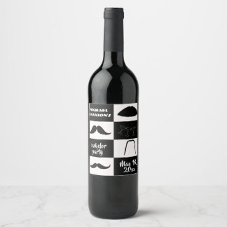 Mustaches Black and White Bachelor Party Weinetikett