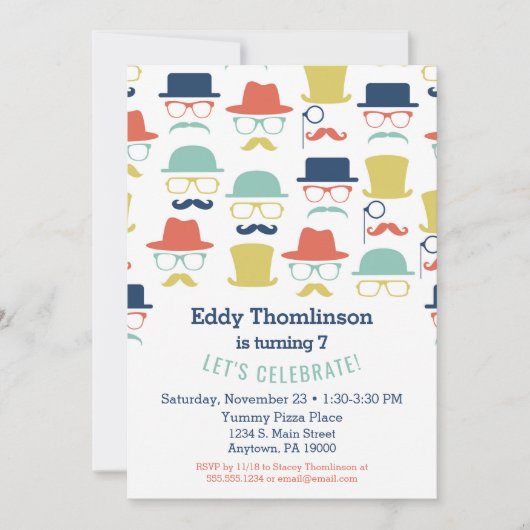 Mustaches Hats Birthday Einladung Angesagt Mens Bo (Vorderseite)