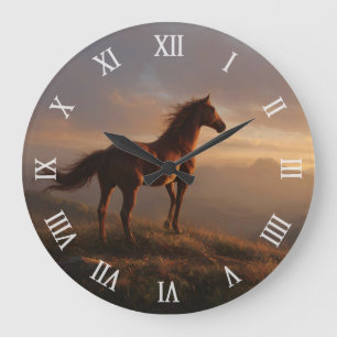 Mustang Horse beobachtet den Sonnenuntergang Große Wanduhr