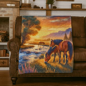 Mustang Horse Grazing by Stream at Sunset Fleecedecke