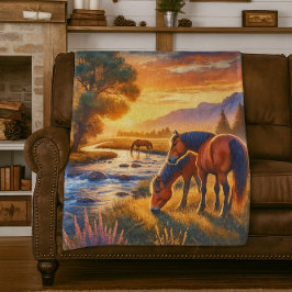 Mustang Horse Grazing by Stream at Sunset Fleecedecke