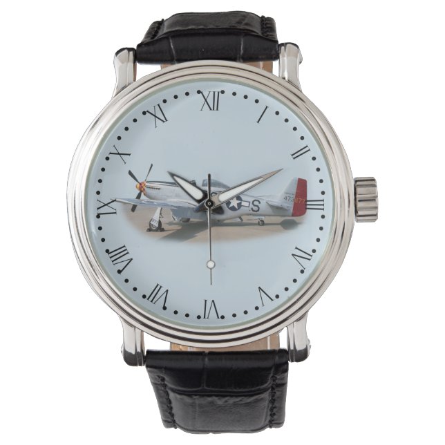 Mustang P-51D Luftfahrzeug, römisches Zifferblatt Armbanduhr (Vorderseite)