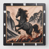 Mustang Stallion Kicking in einem Hochplateau Quadratische Wanduhr (Vorderseite)